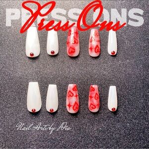 White and Red Heart Press-On Nails